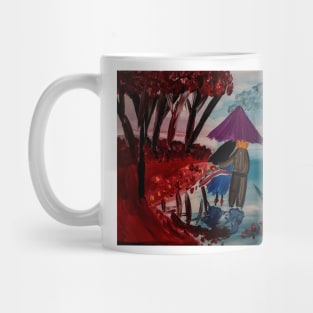 A couple having a walk in the rain under the umbrella in a park Mug